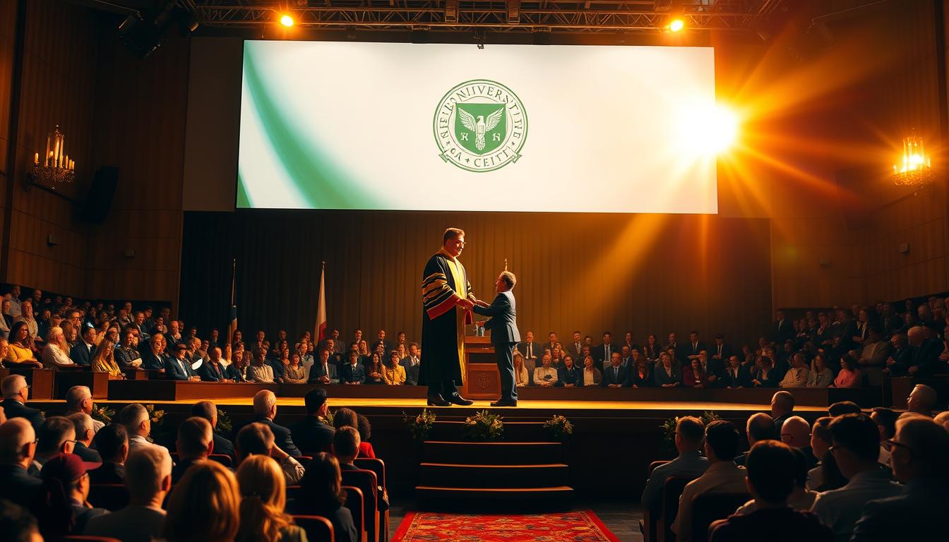 A grand ceremonial stage in a prestigious university setting, with a large backdrop featuring the university's emblem and name prominently displayed. In the center, a distinguished university official stands tall, accepting a prestigious award from a representative of a renowned energy company. The scene is bathed in warm, golden lighting, casting a sense of pride and accomplishment. The audience, seated in tiered rows, watches with rapt attention, capturing the momentous occasion. The overall atmosphere exudes a palpable sense of achievement and recognition for the university's contributions and impact.