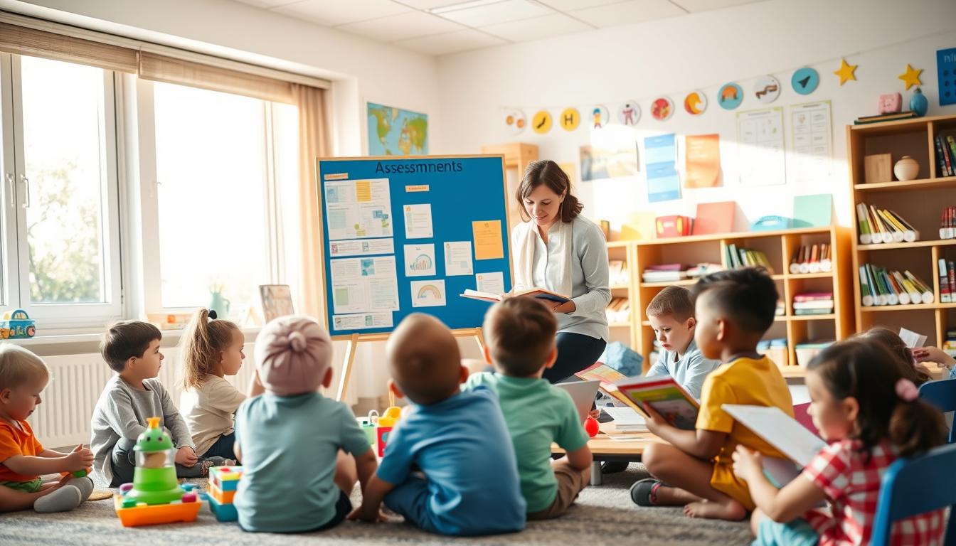 A classroom setting with children engaged in various learning activities, such as playing with educational toys, reading books, and interacting with their teacher. The scene is well-lit, with natural sunlight streaming through large windows, creating a warm and inviting atmosphere. The teacher is observing the children's progress, taking notes and using assessment tools to evaluate their learning. The middle ground features a display board showcasing student work and assessment data, while the background shows colorful educational posters and a bookshelf filled with learning resources. The overall mood is one of active engagement, learning, and a dedication to the holistic development of young children.