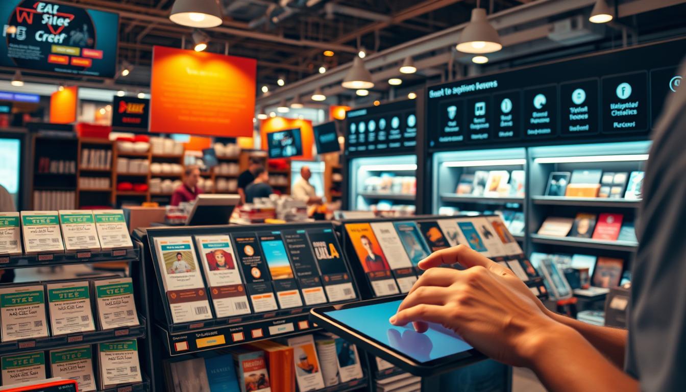 A bustling online marketplace, with various digital goods and services displayed prominently. In the foreground, a person making an online transaction, their hands hovering over a touchscreen device. In the middle ground, rows of virtual ticket stubs, e-books, and downloadable content neatly organized. The background features a sleek, modern interface with intuitive navigation tools, conveying the ease and convenience of monetizing additional offerings. Warm, ambient lighting creates a sense of professionalism and reliability, while the overall composition suggests the potential for passive income streams and diversified revenue sources.