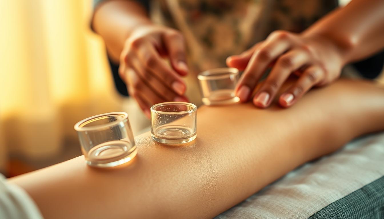 A close-up view of a person's arm receiving a traditional cupping therapy, known as "bekam" in Indonesian culture. The skin on the arm is gently suctioned by glass cups, creating distinctive circular marks. In the foreground, the cups are positioned strategically along the arm, with a natural, warm lighting illuminating the scene. The middle ground features the therapist's hands carefully placing and manipulating the cups, while the background is blurred, maintaining the focus on the therapy process. The overall atmosphere conveys a sense of relaxation, healing, and the ancient, holistic practices of traditional medicine.