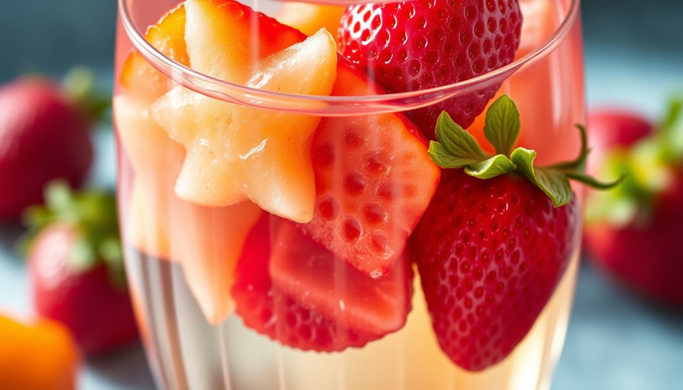A vibrant glass filled with a refreshing blend of juicy star fruit and luscious strawberries. The star fruit slices glisten under warm, natural lighting, their distinctive ridged surfaces adding visual interest. Plump, ruby-red strawberries are neatly arranged, their leafy green caps providing a pleasing contrast. The transparent glass allows the rich colors of the fruit to shine through, creating an appetizing and visually striking composition. The overall mood is one of freshness, vitality, and healthfulness, perfectly capturing the essence of this revitalizing fruit juice.