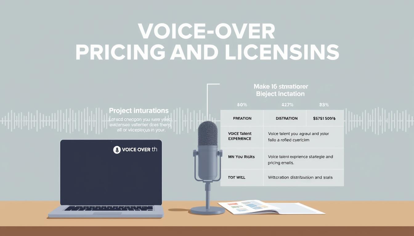 A meticulously designed infographic showcasing the intricacies of voice-over pricing and licensing. A crisp, minimalist desktop setup with a laptop, documents, and a professional microphone in the foreground. The middle ground features a clean, data-driven breakdown of pricing factors like project duration, voice talent experience, and distribution rights. In the background, a subtle pattern of sound waves emanates a sense of auditory creativity. The overall mood is one of informed professionalism, guiding the viewer through the strategic considerations of voice-over services.