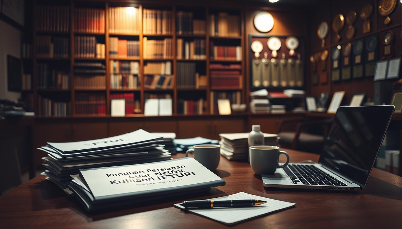 A dimly lit room with a large wooden desk, piled high with documents, books, and a laptop. On the desk, a stack of brochures with the title "Panduan Persiapan Kuliah Luar Negeri FTUI" in bold lettering. Beside the brochures, a cup of coffee and a pen resting on a notepad. Soft, warm lighting illuminates the scene, casting a cozy, scholarly atmosphere. In the background, a large bookshelf filled with reference materials and awards lining the walls, hinting at the academic prestige of the institution. The overall impression is one of a dedicated workspace, where serious preparation for international study is underway.
