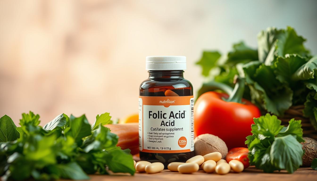 A still life photograph of a bottle of folic acid supplements, surrounded by fresh green leafy vegetables and other prenatal nutrition items against a warm, natural background. The bottle is prominently displayed, with its label clearly visible. The lighting is soft and diffused, creating a calming, therapeutic atmosphere. The composition balances the foreground, middle ground, and background elements, guiding the viewer's eye to the focal point of the folic acid supplement. The image conveys the importance of folic acid for pregnant women, while also hinting at the broader spectrum of maternal nutrition.
