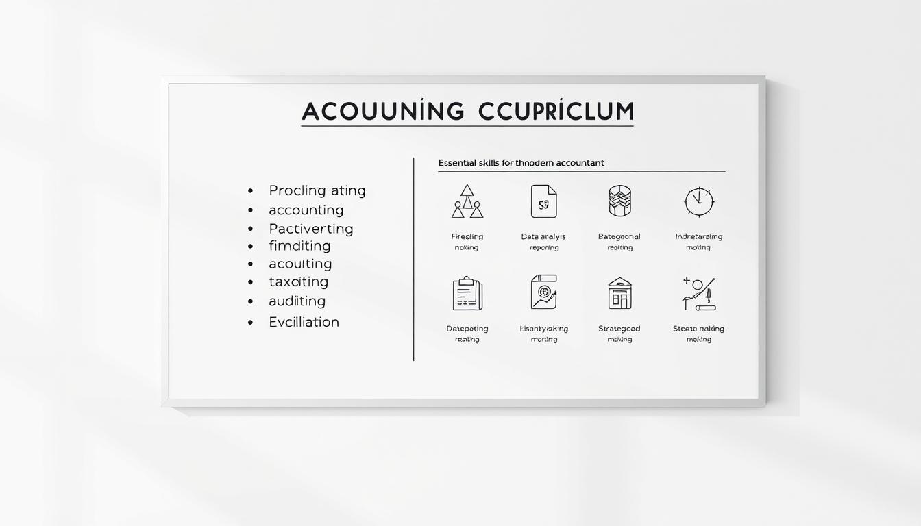 A modern, clean-lined accounting curriculum, displayed on a minimalist whiteboard with geometric shapes and pastel accents. The foreground features a neatly organized list of core accounting subjects, including financial accounting, managerial accounting, taxation, and auditing. The middle ground showcases essential skills for the modern accountant, such as data analysis, financial reporting, and strategic decision-making, depicted through simple icons. The background contains a subtle gradient, evoking a sense of professionalism and expertise. The lighting is soft and diffused, creating a calm, focused atmosphere suitable for an educational illustration.