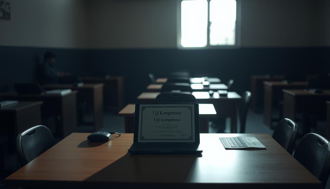 A dimly lit classroom with a desk at the center, showcasing the &quot;Uji Kompetensi&quot; process. The desk is adorned with a laptop, a certificate, and other testing materials, conveying the seriousness of the assessment. The room is bathed in a warm, soft light, creating a sense of focus and concentration. In the background, blurred shapes of other desks and chairs suggest the presence of other candidates, while a window in the corner provides a glimpse of the outside world, hinting at the broader context of the certification process. The overall atmosphere is one of professionalism and diligence, reflecting the gravity of the &quot;Uji Kompetensi&quot; event.