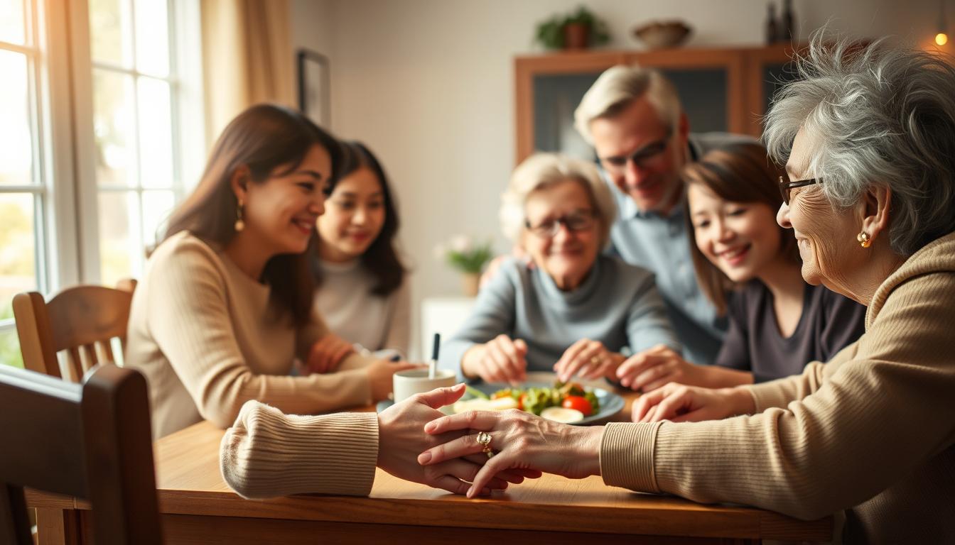 A close-knit family gathered around a dining table, offering support and understanding to an elderly relative showing early signs of Alzheimer's disease. Warm lighting casts a soft, comforting glow, while gentle expressions convey empathy and care. In the foreground, a family member's hand tenderly holds the elder's, symbolizing the importance of familiar connections. The middle ground depicts the family engaging in conversation, sharing a meal, and creating a sense of togetherness. The background subtly suggests a cozy, inviting home environment, fostering a atmosphere of comfort and security. This scene captures the pivotal role of the family in recognizing and addressing the initial stages of Alzheimer's, with love and compassion as the guiding principles.