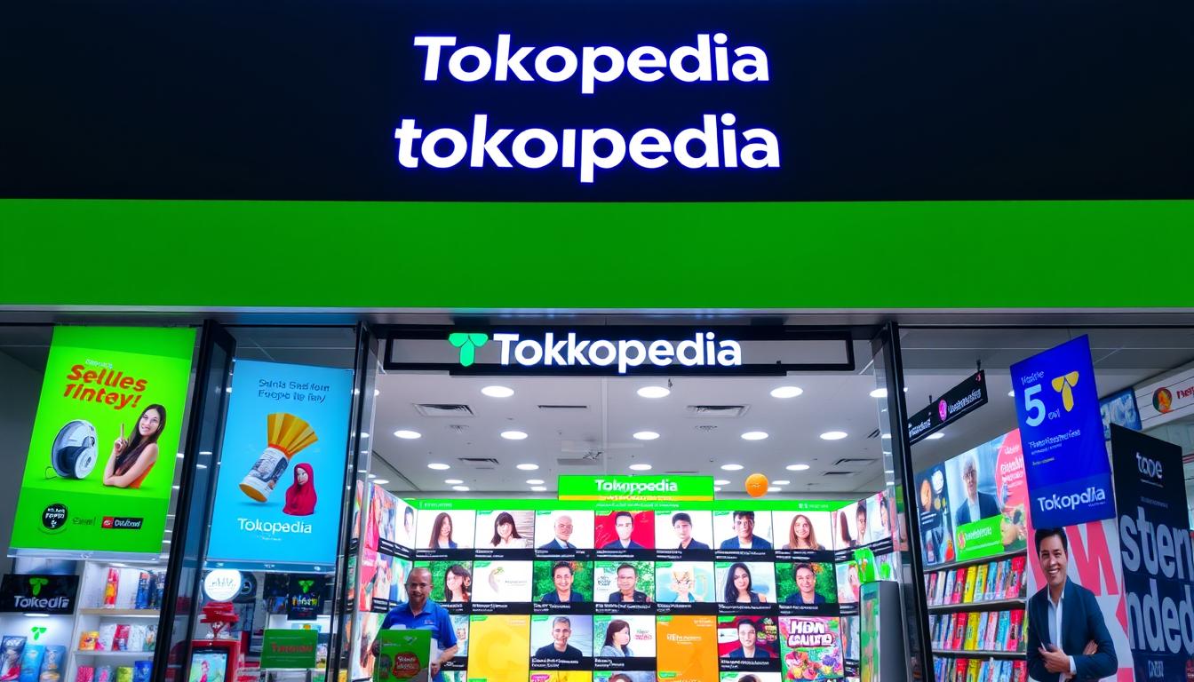 A vibrant, contemporary e-commerce store front, showcasing the Tokopedia logo and various promotional banners. The store is well-lit, with a clean, modern aesthetic. In the foreground, various product images are displayed, highlighting the diversity of items available. The middle ground features a grid of merchant profile photos, representing the thriving seller community. The background depicts the Tokopedia platform interface, with intuitive navigation menus and a sleek, user-friendly design. The overall scene conveys a sense of opportunity, accessibility, and the power of digital marketing within the Tokopedia ecosystem.