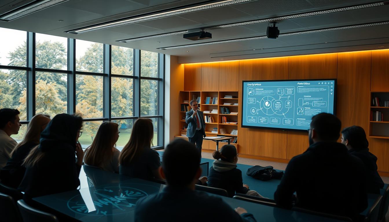 A modern, sleek university lecture hall with large windows overlooking a lush campus. In the foreground, a group of students intently studying a complex diagram on a large touchscreen display, their faces illuminated by the soft glow of the screen. In the middle ground, the professor paces thoughtfully, gesturing toward a projection screen displaying interconnected academic disciplines. The background features a wall of bookcases and shelves, hinting at the depth of knowledge within. The lighting is warm and inviting, creating a contemplative atmosphere conducive to intellectual discourse. The overall scene conveys the multifaceted nature of an information systems curriculum, blending theory, technology, and interdisciplinary collaboration.