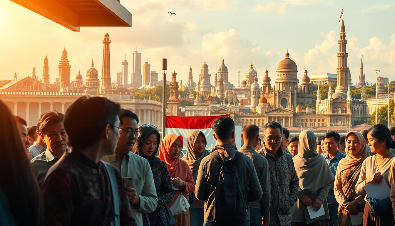 A serene historical scene showcasing the evolution of Indonesian elections. In the foreground, a group of diverse voters patiently queuing to cast their ballots, their faces filled with a sense of civic duty. In the middle ground, a polling station adorned with the Indonesian flag, conveying a spirit of democratic pride. In the background, a tapestry of iconic landmarks and buildings, representing the rich cultural heritage of the nation. The lighting is warm and inviting, casting a golden glow over the entire scene, evoking a mood of trust and optimism. The perspective is slightly elevated, allowing the viewer to take in the full scope of this pivotal moment in Indonesia's political history.
