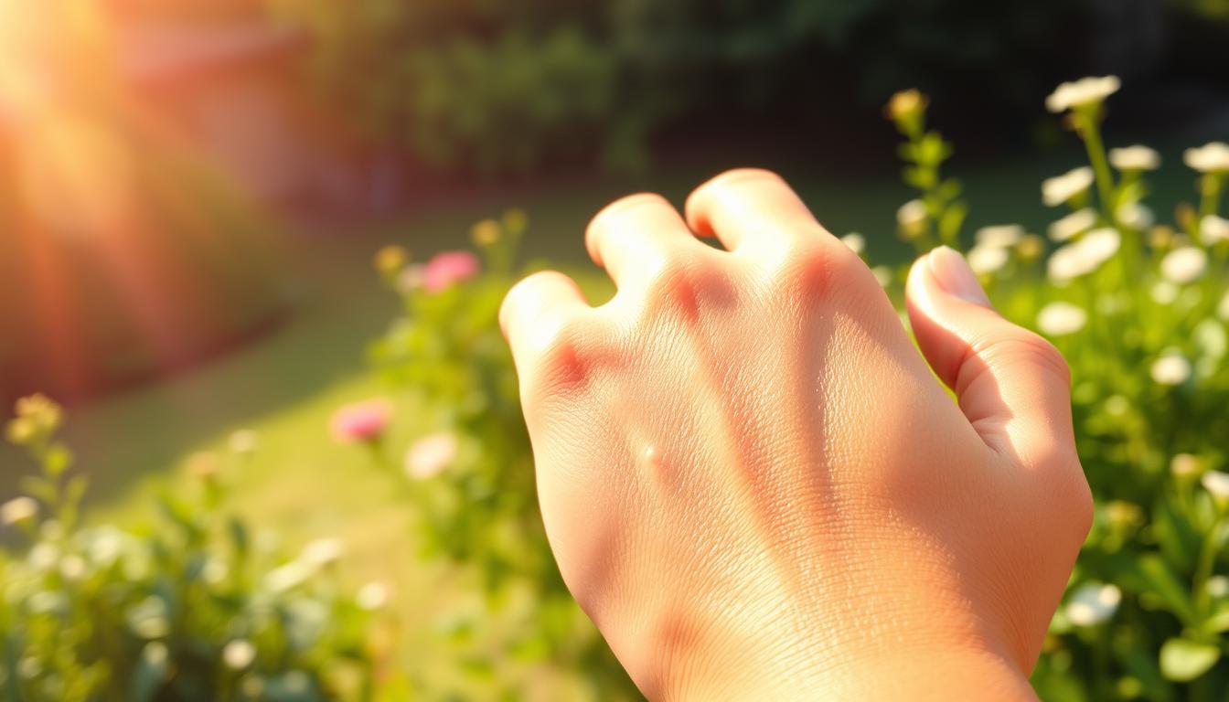 A serene outdoor scene with a person's hand gently touching their healthy, glowing skin. The foreground showcases the skin's vibrant complexion, accentuated by soft natural lighting from the morning sun. The middle ground depicts a tranquil garden setting, with lush greenery and delicate flowers in the background. The overall mood is one of calmness and rejuvenation, highlighting the restorative benefits of early-morning sun exposure for the skin's wellbeing.