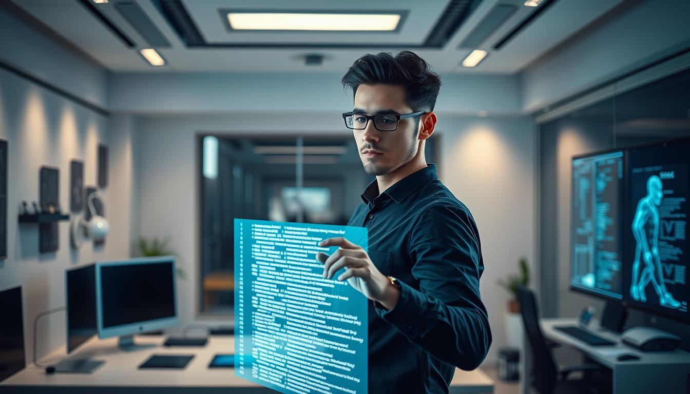 A professional IoT Blockchain developer standing confidently in a futuristic workspace, surrounded by a wealth of cutting-edge technology. The developer's face is partially obscured, but their focus is clear as they interact with a holographic display, their hands deftly manipulating lines of code. The background is a sleek, minimalist office setting with clean lines, muted colors, and subtle nods to the latest advancements in the field of Internet of Things and Blockchain. Soft, directional lighting illuminates the scene, creating a sense of depth and emphasis on the developer's skilled work. The overall atmosphere conveys a sense of innovation, problem-solving, and the exciting potential of these emerging technologies.