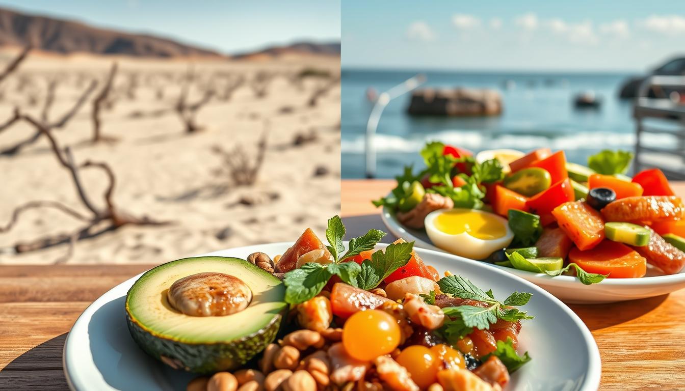 Detailed visual comparison of the key concepts in the Keto and Mediterranean diets. In the foreground, a plate showcasing the low-carb, high-fat principles of the Keto diet, with avocado, nuts, and fatty meats. In the middle ground, a Mediterranean-style plate with an abundance of fresh vegetables, olive oil, and lean proteins. The background features contrasting landscapes - a barren, desert-like setting for Keto and a lush, seaside scene for the Mediterranean diet. Lighting is natural and warm, capturing the vibrant colors and textures of the two dietary approaches. The overall tone conveys the distinct philosophies, nutrient profiles, and lifestyles associated with these popular dieting concepts.