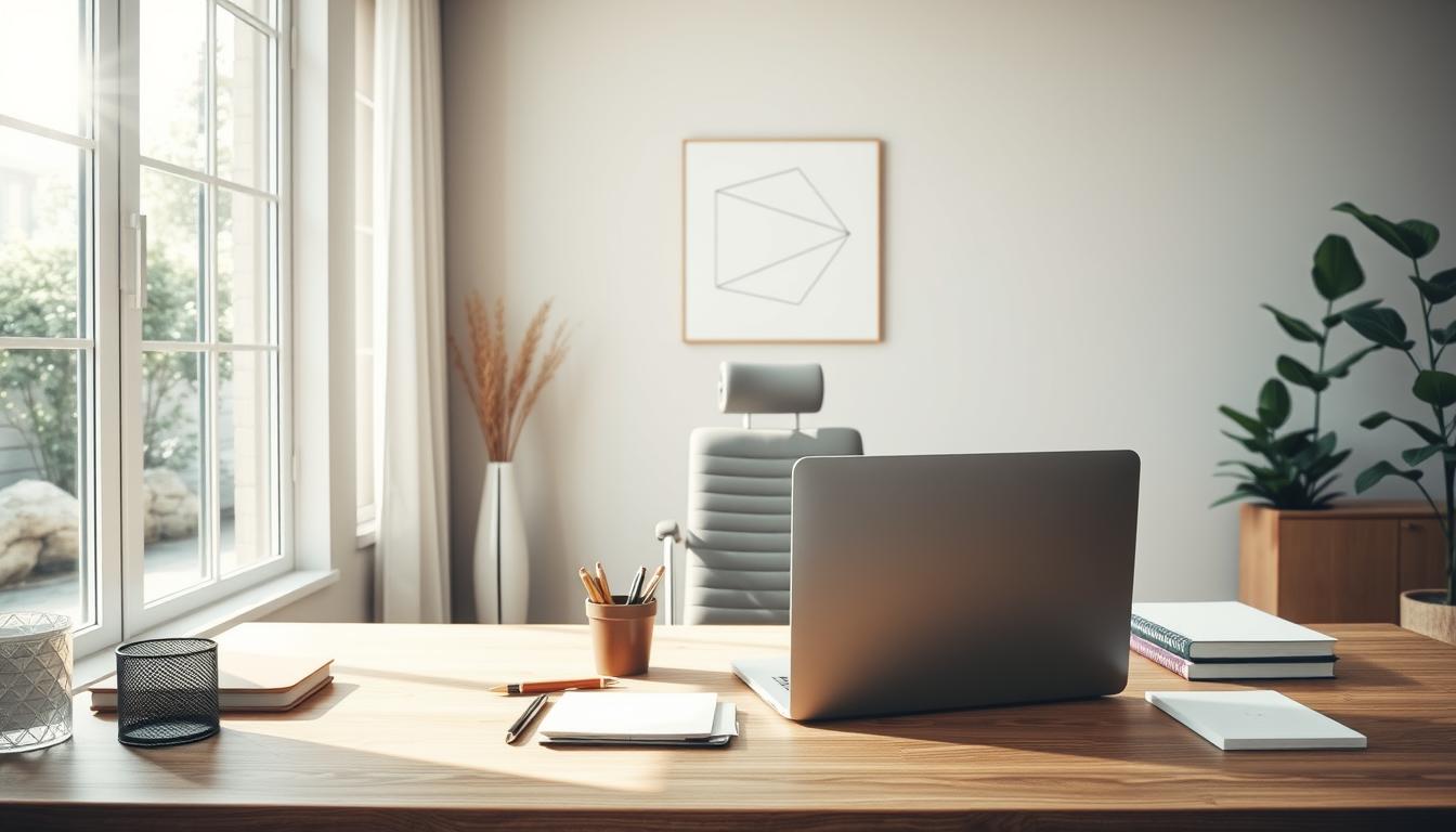 A serene home office setting, bathed in soft natural light filtering through large windows. In the foreground, a laptop and various stationery items are neatly arranged on a minimalist wooden desk. In the middle ground, a stylish but comfortable office chair invites contemplation. The background features a neutral-toned accent wall, decorated with a simple geometric art piece that subtly evokes the concept of "finding your niche". The overall atmosphere exudes a sense of focus, productivity, and inspiration - the perfect environment for discovering emerging trends and carving out a unique online business opportunity.