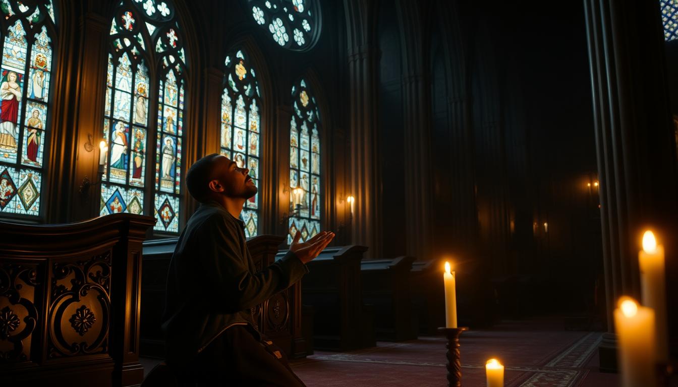 A serene, dimly lit sanctuary where a devout worshipper kneels in contemplative prayer, their face illuminated by the warm glow of candlelight. The background is filled with intricate, ornate architectural details - stained glass windows, carved wooden pews, and towering, shadowed columns. A sense of reverence and connection to the divine permeates the scene, the worshipper's pose and expression conveying a deep, heartfelt communion with their higher power. The lighting is soft and atmospheric, creating a sense of tranquility and focus. The overall impression is one of profound spiritual devotion and the transformative power of sincere, quality prayer.