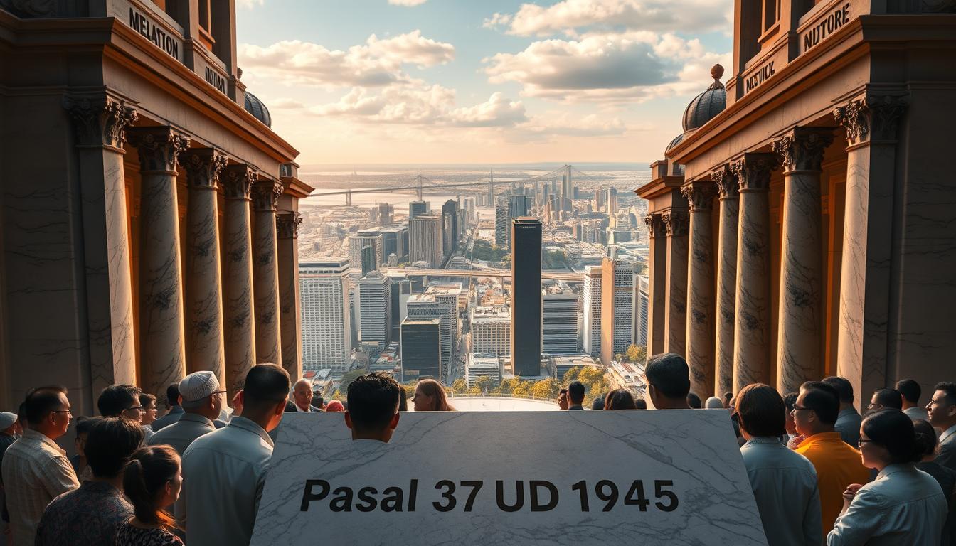 A grand, majestic marble structure stands tall, its ornate columns and domes reaching towards the heavens. In the foreground, a group of diverse individuals, from various nationalities and cultures, gather in thoughtful discussion, their faces illuminated by the warm, golden light filtering through the large windows. The background depicts a panoramic view of a bustling, modern cityscape, skyscrapers and bridges reaching towards the horizon, symbolizing the global context. The scene exudes a sense of unity, collaboration, and the weight of the decisions made within these hallowed halls, as the words &quot;Pasal 37 UUD 1945&quot; are etched into the façade, a reminder of the significance of this foundational document in the global landscape.