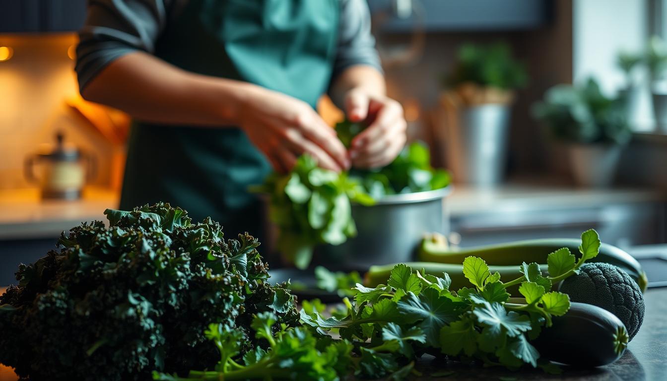 A neatly organized kitchen counter, dimly lit with warm, soft lighting. In the foreground, an assortment of fresh, vibrant green vegetables - kale, spinach, broccoli, and zucchini - arranged with care. In the middle ground, the hands of a skilled cook, gently washing and trimming the produce, preparing them for a healthy, flavorful meal. The background is blurred, creating a sense of focus and attention on the task at hand. The scene exudes a serene, mindful atmosphere, showcasing the art of properly preparing nutrient-rich, antioxidant-packed green vegetables.