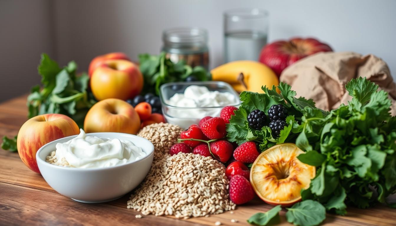A visually appealing, well-lit photograph of a variety of high-fiber foods arranged on a wooden table or surface. In the foreground, a selection of fresh fruits and vegetables such as apples, berries, leafy greens, and whole grains like oats or quinoa. In the middle ground, a bowl of yogurt or cottage cheese, and a glass of water. In the background, a few additional healthy snacks like nuts or seeds. The lighting should be soft and natural, highlighting the vibrant colors and textures of the ingredients. The overall mood is one of health, balance, and simplicity, conveying the benefits of a fiber-rich diet for weight management.