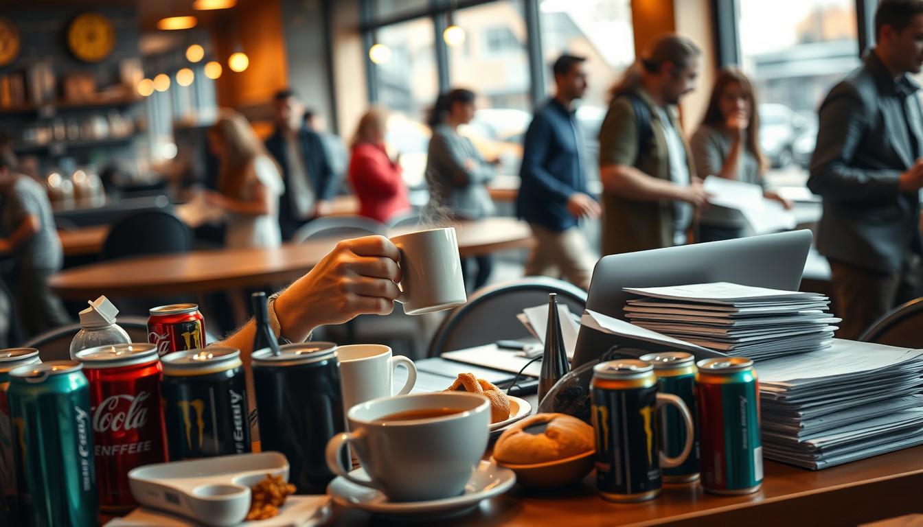 A busy café scene, with a central figure sipping from a steaming mug of coffee, surrounded by the trappings of a caffeine-fueled lifestyle. The foreground showcases an array of coffee cups, energy drink cans, and half-eaten pastries, hinting at a reliance on caffeinated pick-me-ups. In the middle ground, a laptop and stack of papers suggest work deadlines and the need for sustained focus. The background is a blur of motion, with other patrons hurrying about, lost in their own caffeine-driven routines. Warm lighting casts a cozy glow, but the slightly frantic atmosphere suggests a need to pause and reflect on this "caffeine habit." The overall mood is one of both comfort and unease, inviting the viewer to consider their own relationship with this ubiquitous stimulant.