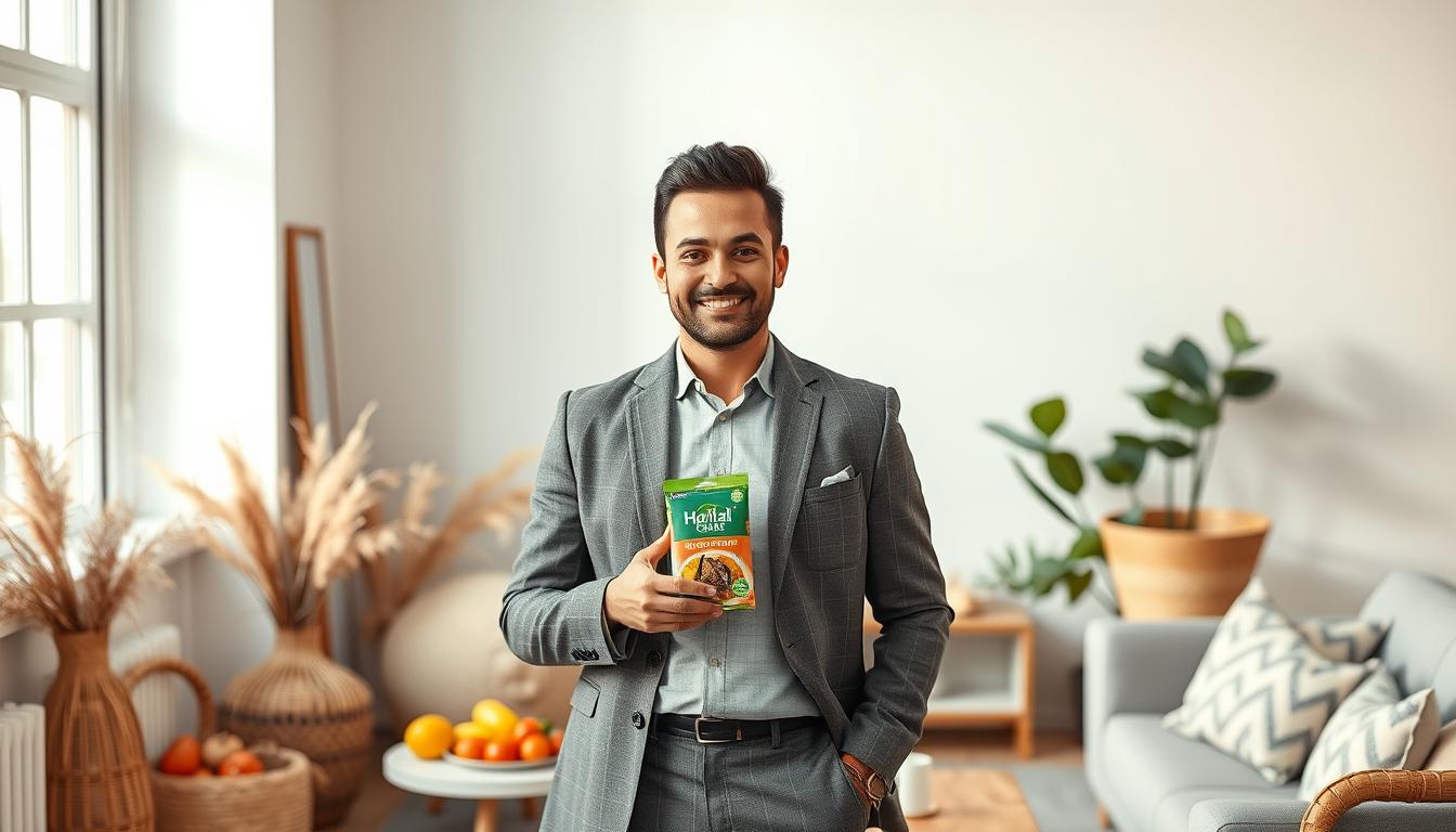 A well-dressed and charismatic influencer standing confidently in a modern, minimalist setting. They are holding a halal-certified product and surrounded by carefully curated lifestyle elements that convey a sense of authenticity, wholesomeness, and appeal to a health-conscious, socially aware audience. The lighting is soft and flattering, creating a warm, inviting atmosphere. The composition is balanced, with the influencer as the central focus, framed by complementary design elements that enhance the overall aesthetic. The image exudes a sense of aspirational yet relatable success, showcasing the power of influencer marketing to promote halal products in a visually captivating and culturally relevant manner.