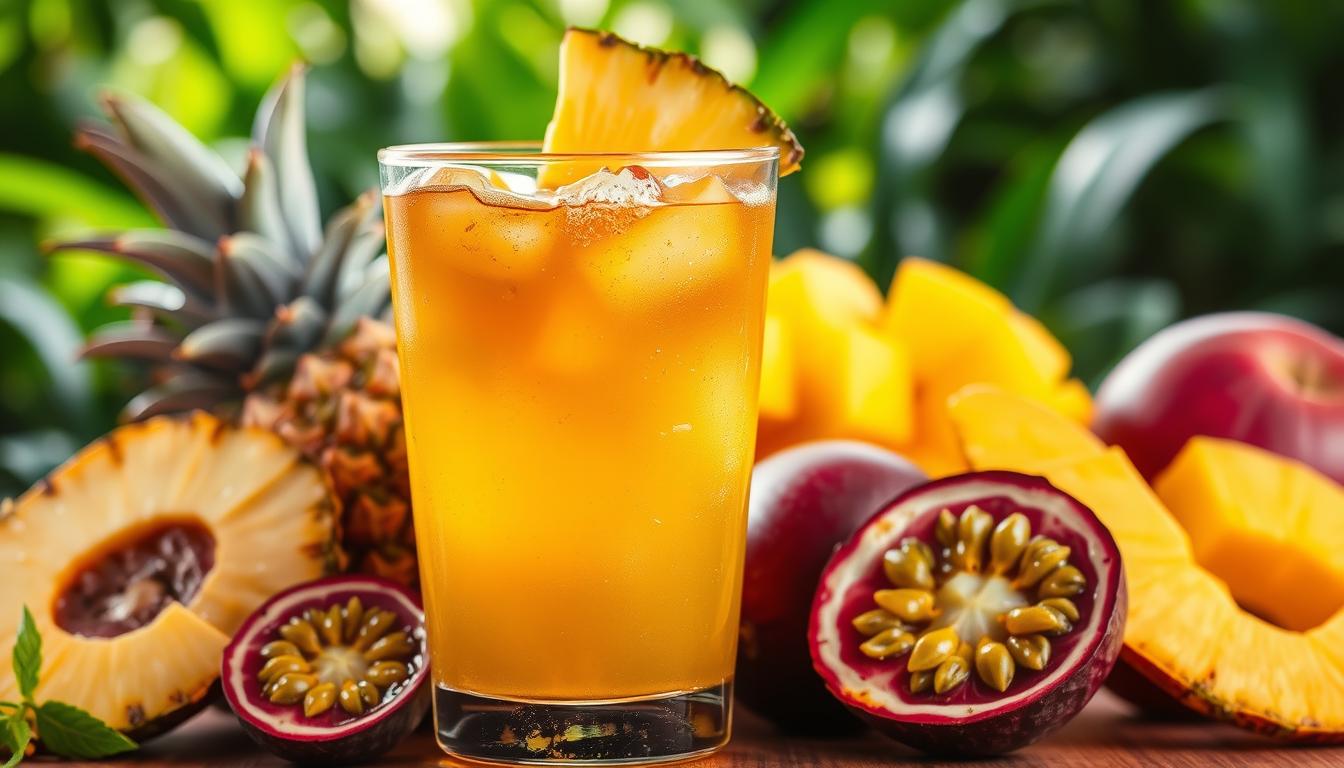 A vibrant, mouth-watering display of "Kombucha Buah" - a refreshing, probiotic-rich kombucha drink infused with an array of tropical fruits. In the foreground, a glass of the kombucha beverage, its golden-amber hue shimmering under soft, natural lighting, garnished with slices of juicy pineapple, mango, and passionfruit. The middle ground features an assortment of whole fruits, their vivid colors and textures contrasting beautifully. In the background, a lush, verdant backdrop evokes a sense of a bountiful, verdant garden. The overall scene conveys a refreshing, healthful, and inviting atmosphere, perfectly capturing the essence of this flavorful and nutritious kombucha variation.