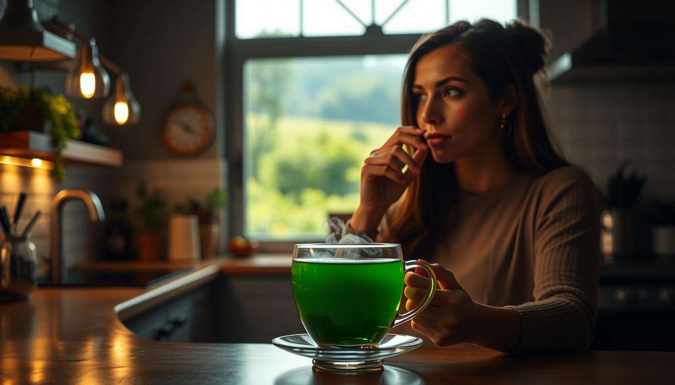 A serene, dimly lit kitchen scene featuring a steaming cup of green tea, accompanied by a healthy-looking woman sipping it thoughtfully. The tea's vibrant green color is highlighted, and its earthy aroma is palpable. In the background, a lush, verdant landscape is visible through a large window, creating a calming, natural atmosphere. The woman's expression exudes a sense of tranquility and focus, suggesting the potential benefits of green tea for weight management. Soft, diffused lighting from various sources creates a warm, inviting ambiance, emphasizing the therapeutic qualities of the scene.