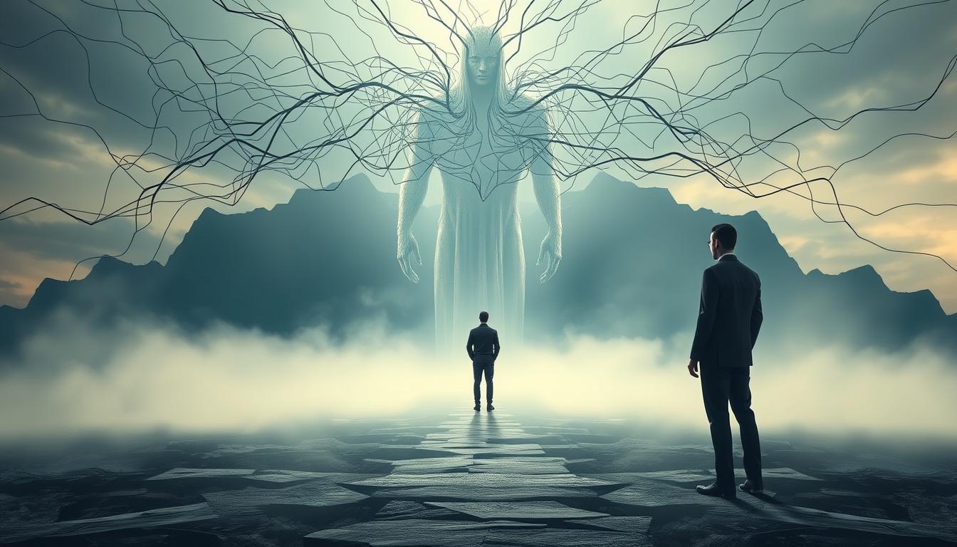 A strategic business decision depicted in a surreal, dreamlike composition. In the foreground, a person stands at a crossroads, facing a complex web of interconnected paths and choices. The background features a towering, faceless figure representing the weight of responsibility and the risks involved. Soft, diffused lighting casts an ethereal glow, creating a contemplative, pensive atmosphere. The overall scene conveys the gravity and nuance of the decision-making process, balancing the rational and the emotional aspects of strategic risk-taking.