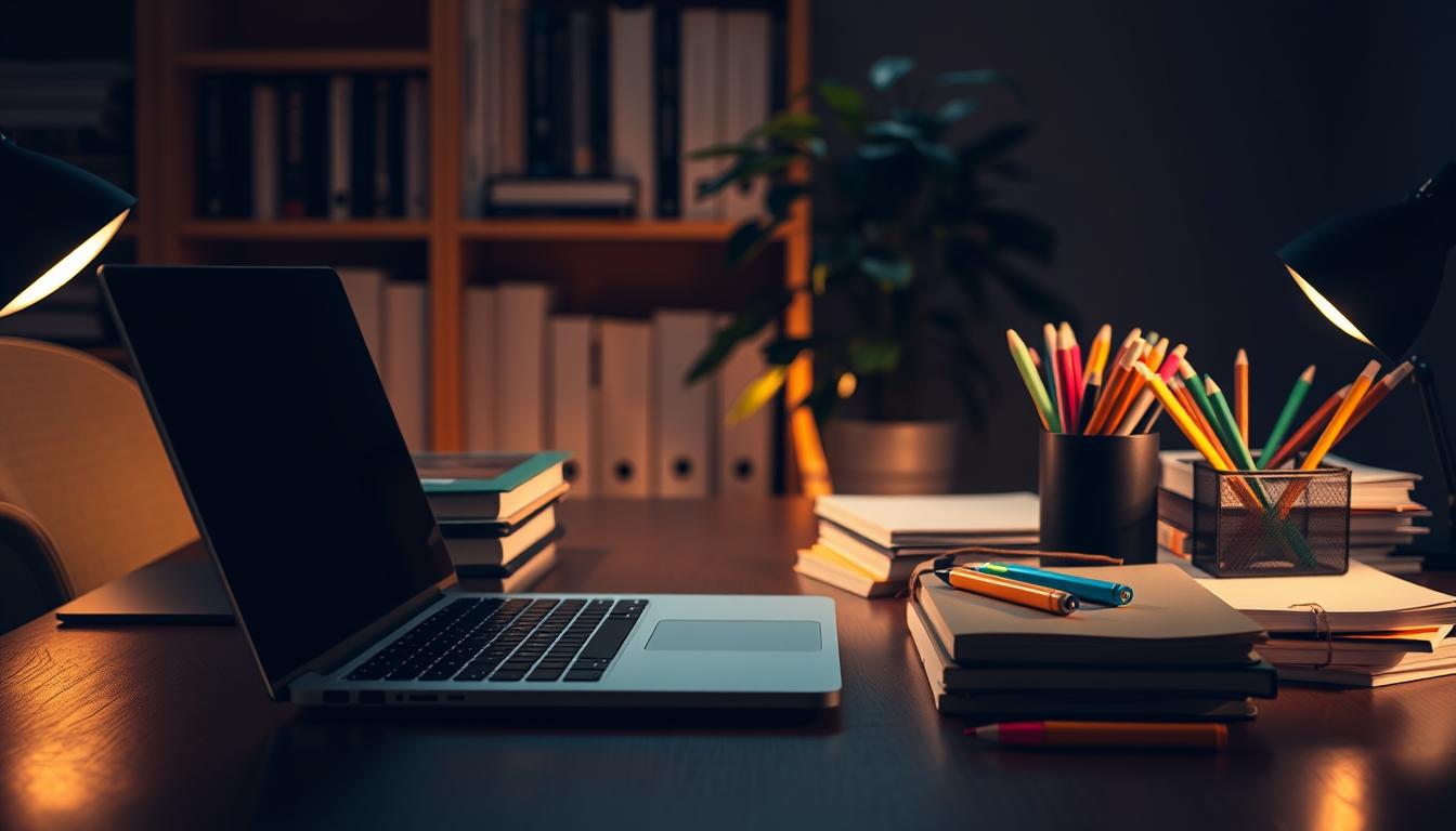 A dimly lit study desk with a sleek, modern laptop, a stack of well-organized notebooks, and a neatly arranged array of colorful pens and highlighters. The scene is bathed in a warm, focused light, casting subtle shadows that create a sense of depth and productivity. In the background, a bookshelf filled with reference materials and a potted plant add a touch of natural greenery, conveying a balanced and harmonious workspace. The overall atmosphere is one of focused concentration, with a subtle hint of the productive habits and time management strategies at the heart of the &quot;Mengembangkan Kebiasaan Produktif&quot; section.