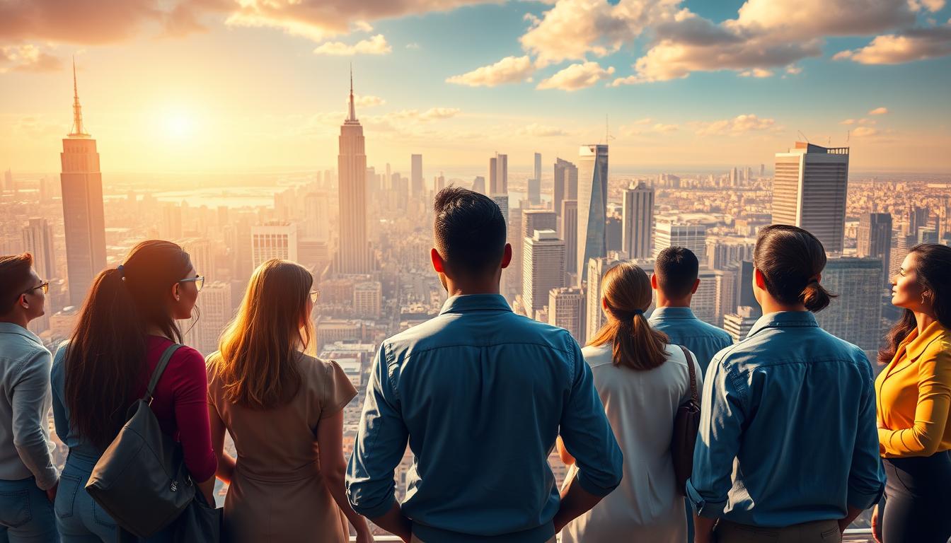 A vibrant and dynamic scene depicting the pursuit of career opportunities. In the foreground, a group of diverse individuals stand confidently, their gazes fixed on the horizon, symbolizing the confidence and determination needed to seize career prospects. The middle ground features a bustling cityscape, with towering skyscrapers and a network of busy streets, representing the wide range of job possibilities available. The background is illuminated by a warm, golden light, creating a sense of optimism and opportunity. The overall composition conveys the idea of endless possibilities and the empowerment that comes with acquiring relevant certifications and skills to unlock new career paths.