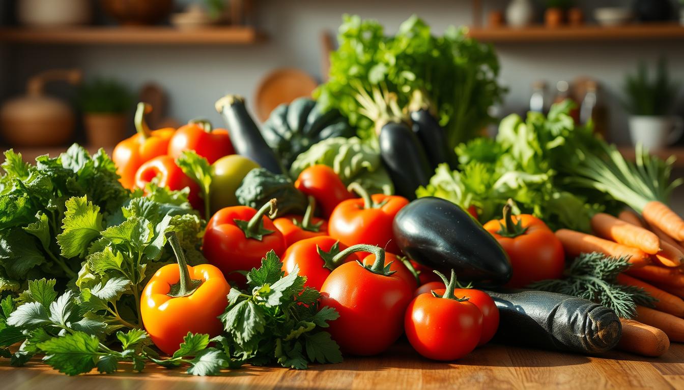 A nourishing array of fresh, vibrant vegetables arranged in an inviting still life, bathed in warm, natural lighting. In the foreground, an assortment of leafy greens, crisp peppers, and juicy tomatoes stand out against a wooden table surface. In the middle ground, other diabetes-friendly produce such as zucchini, eggplant, and carrots create a balanced, visually appealing composition. The background suggests a cozy, domestic setting, perhaps a kitchen or dining room, with subtle hints of natural textures and earth-toned accents to evoke a sense of health and wellness. The overall mood is one of wholesome, nutritious sustenance, perfectly suited to illustrate the recommended foods for managing diabetes.