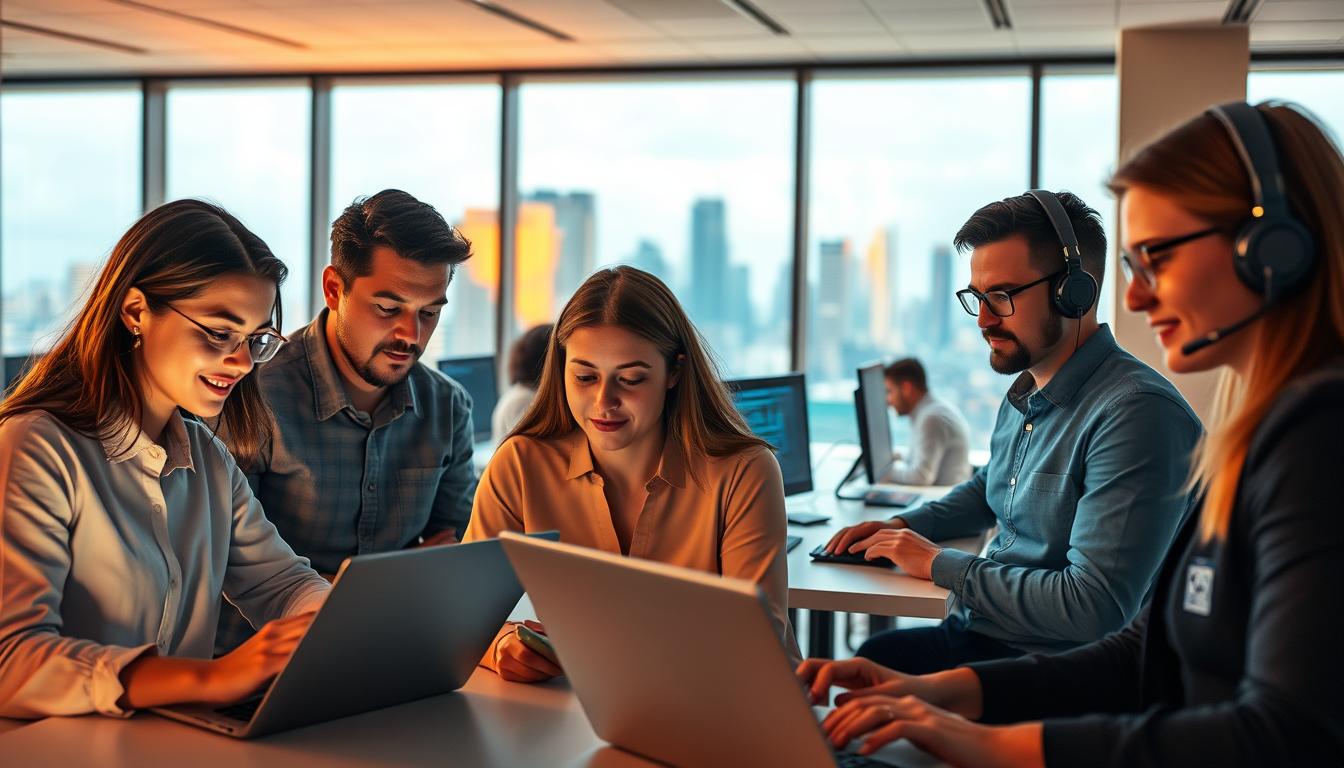 A group of IT professionals in a modern office environment, illuminated by warm, diffused lighting. In the foreground, three individuals are engaged in collaborative work on laptops, their expressions focused and engaged. In the middle ground, a diverse array of IT roles are represented, including a software developer, a network administrator, a data analyst, and a cybersecurity specialist, each depicted in their respective workstations. The background features a sleek, minimalist office design with floor-to-ceiling windows, offering a panoramic view of a bustling urban skyline. The overall atmosphere conveys a sense of productivity, innovation, and the dynamic nature of the IT industry.