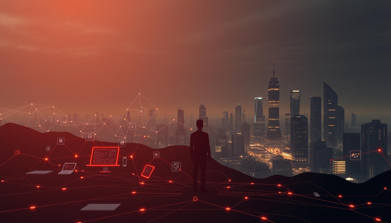 A digital landscape depicting the key ethical aspects of the modern digital world. In the foreground, a stylized human figure symbolizing the individual stands amidst a network of interconnected digital devices and interfaces. The middle ground features abstract geometric shapes and data visualizations, representing the complex systems and infrastructure of the digital realm. In the background, a dimly lit cityscape with towering skyscrapers and glowing windows, hinting at the broader societal implications of digital ethics. Warm lighting casts a contemplative mood, while the composition conveys a sense of balance between the individual, technology, and the broader digital ecosystem. Rendered in a minimalist, elegant style with a muted color palette.