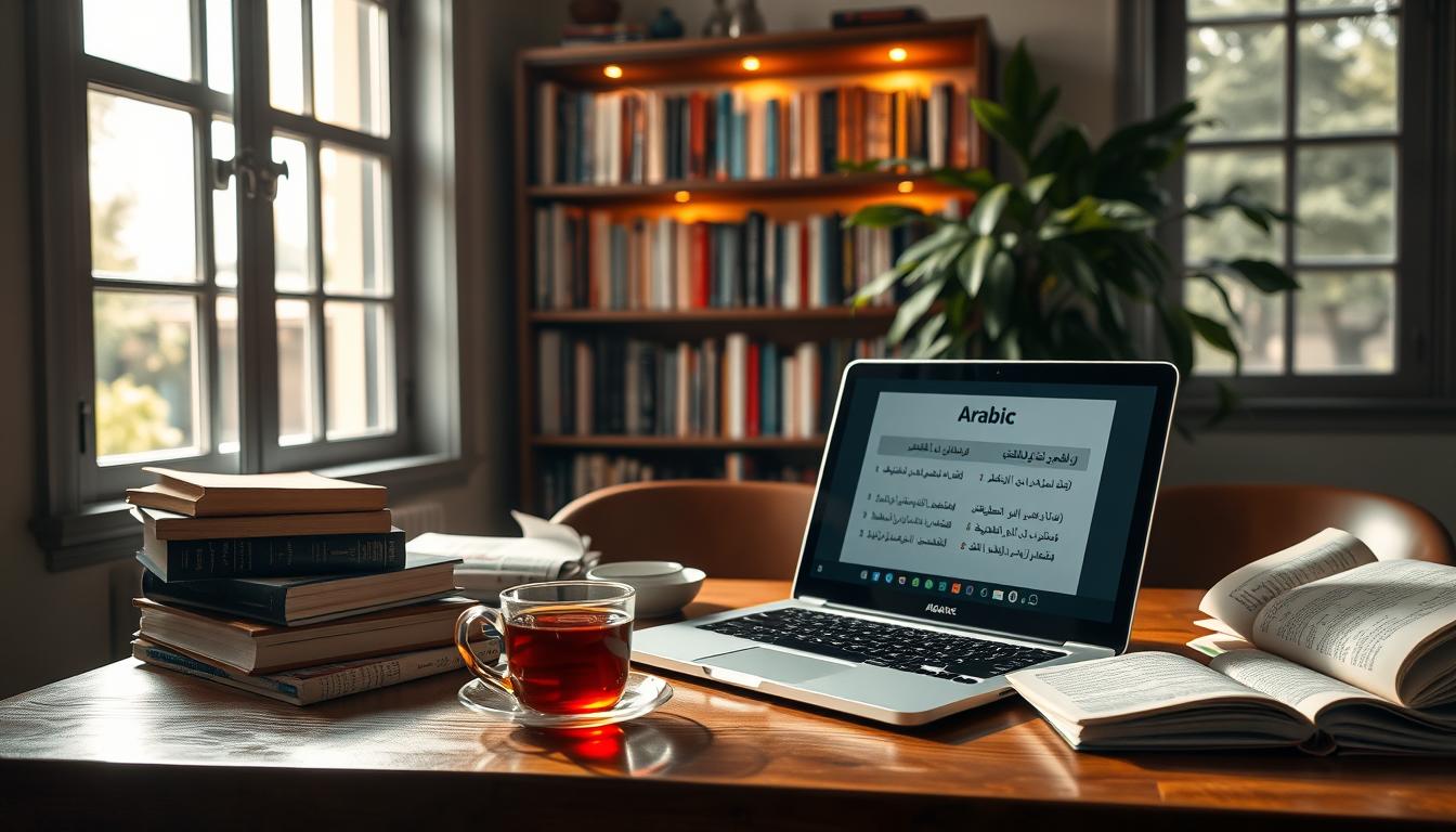 A dimly lit, cozy study room with natural light streaming in through large windows. On the wooden desk, an open laptop displays Arabic language learning software, surrounded by textbooks, language dictionaries, and a cup of steaming tea. In the background, a bookshelf filled with Arabic language resources casts a warm glow, while a potted plant adds a touch of greenery. The overall scene conveys a sense of focused, immersive language learning, facilitated by the thoughtful integration of technology and traditional study materials.