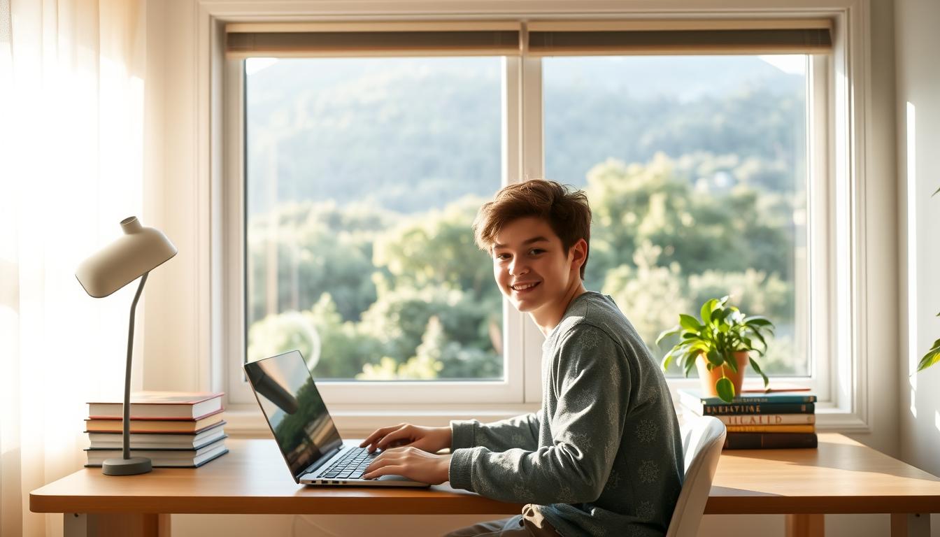 A serene, well-lit home study with a large window overlooking a lush, verdant landscape. On the desk, a laptop, a stack of books, and a potted plant, all bathed in the warm glow of natural light. In the foreground, a young person sits at the desk, their face radiating a sense of focus and determination as they work on their studies. The atmosphere conveys a sense of calm, productivity, and a deep appreciation for the journey of self-directed learning.