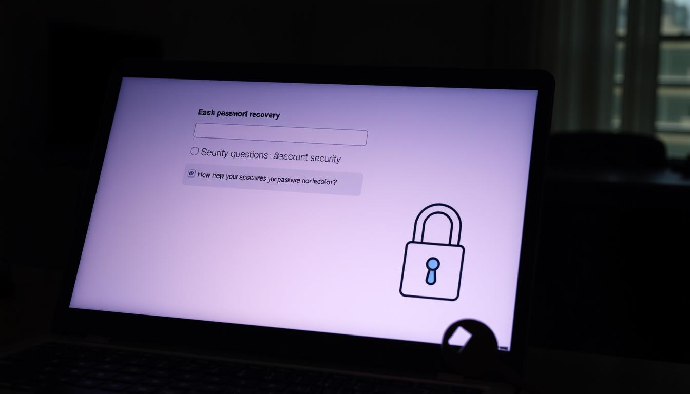 A dimly lit office setting, a laptop screen displaying a password recovery interface with security questions. On the desk, a stylized illustration of a key and a lock, conveying the importance of account security. Soft, warm lighting casts a pensive mood, emphasizing the thoughtful process of securing one's digital identity. The scene exudes a sense of care and responsibility, encouraging the viewer to engage with the password recovery system as a means of protecting their online accounts.