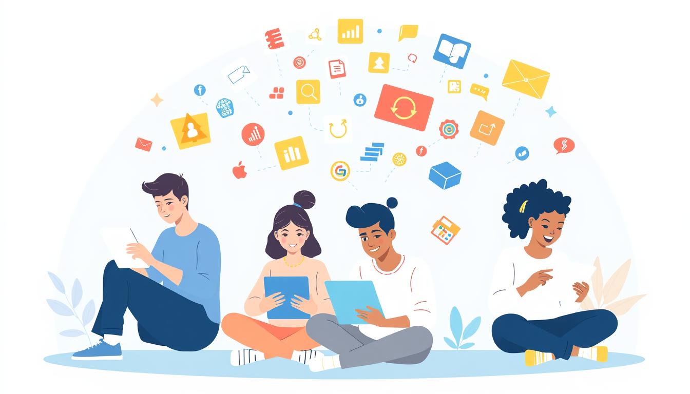 Ilustrasi inovasi kursus online masa kini dengan siswa belajar melalui perangkat digital