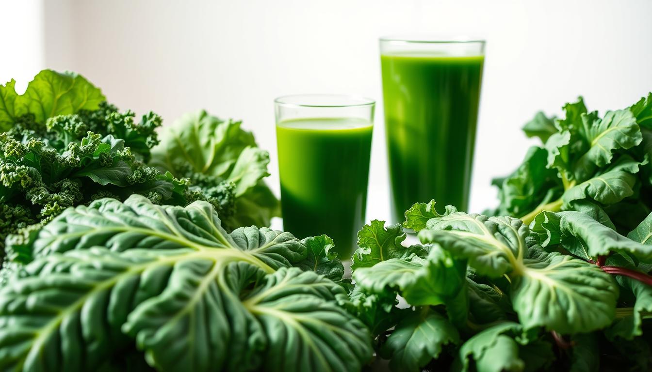 A vibrant, high-resolution photograph showcasing the role of fiber in green vegetables. In the foreground, a selection of fresh, leafy greens, such as kale, spinach, and collards, are neatly arranged, their textures and intricate veins clearly visible. In the middle ground, a glass of freshly squeezed green juice, its rich, emerald hue highlighting the natural goodness of the produce. In the background, a minimalist, light-filled setting with clean, white walls, creating a sense of purity and simplicity. The lighting is soft and natural, gently illuminating the scene and emphasizing the health benefits of these nutrient-dense vegetables. The overall mood is one of vitality, wellness, and the importance of incorporating fiber-rich greens into a balanced diet.