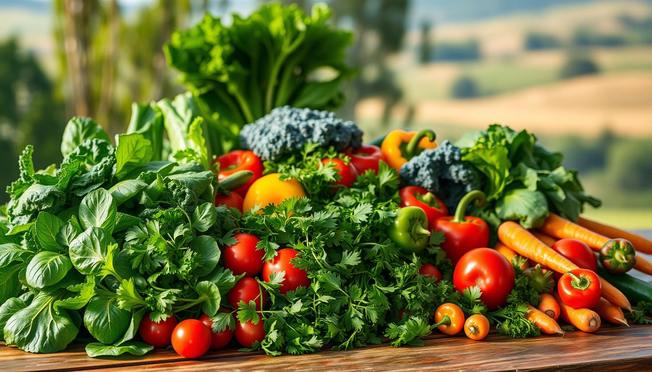 A bountiful arrangement of fresh, vibrant vegetables on a rustic wooden table, bathed in soft, natural lighting. In the foreground, a variety of leafy greens, such as spinach, kale, and arugula, stand out with their rich, verdant hues. Complementing them, a selection of brightly colored vegetables, including tomatoes, bell peppers, and carrots, add depth and visual interest. The middle ground features a scattering of herbs, like parsley and cilantro, lending a fragrant, earthy touch. In the background, a subtle, hazy landscape suggests a serene, countryside setting, creating a calming, holistic atmosphere. The overall composition conveys the abundance and health benefits of these cholesterol-lowering natural wonders.