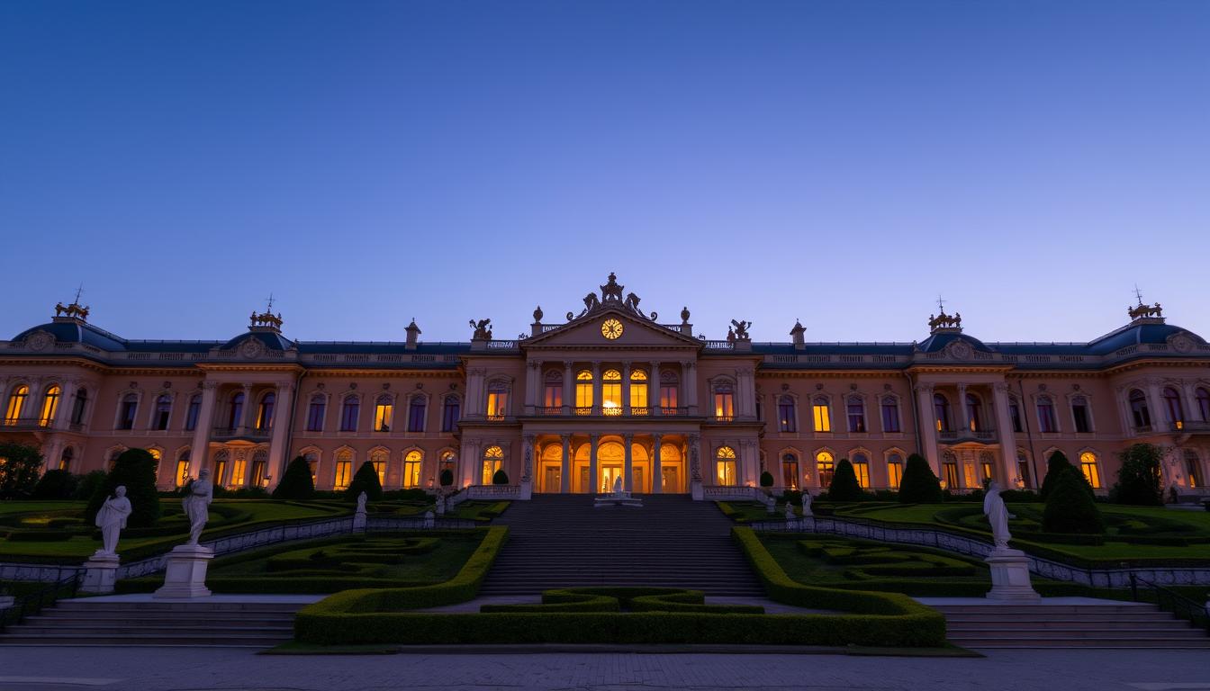A grand, ornate palace facade set against a clear, twilight sky. The elegant, symmetrical structure features intricate architectural details like arched windows, decorative columns, and ornate roof features. Warm, golden light spills from the windows, creating a welcoming and regal atmosphere. The middle ground features lush, well-manicured gardens with neatly trimmed hedges and trees. In the foreground, a grand, sweeping staircase leads up to the main entrance, flanked by ornamental statues and fountains. The overall scene conveys a sense of power, tradition, and ceremonial importance.