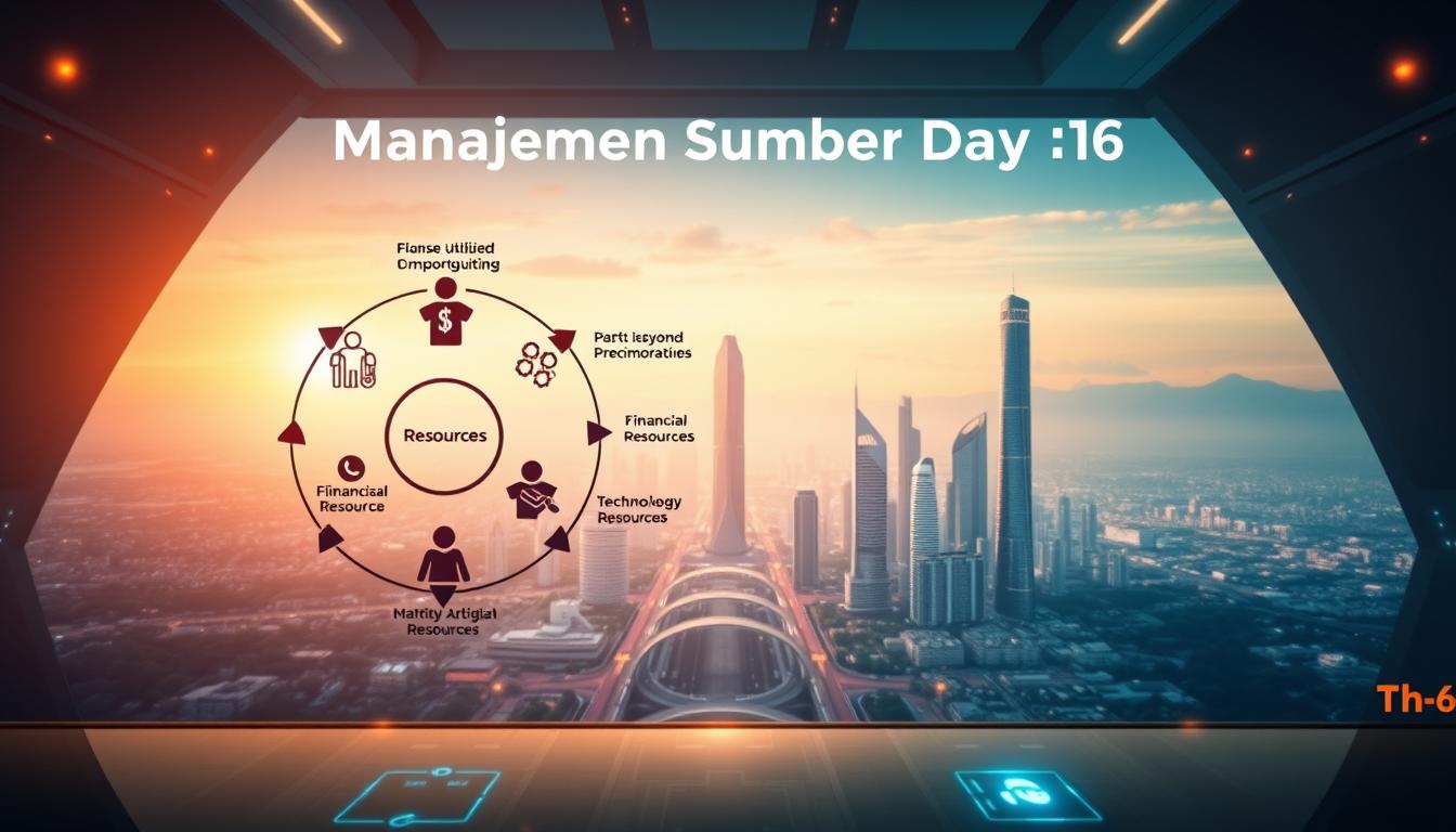 A detailed, high-resolution image of the &quot;Manajemen Sumber Daya TH6&quot; concept. The foreground depicts a stylized diagram showcasing the efficient utilization of various resources, including human resources, financial resources, and technological resources. The middle ground features an abstract, futuristic cityscape with skyscrapers and advanced infrastructure, representing the successful implementation of this management strategy. The background is filled with a serene, futuristic landscape, conveying a sense of harmony and progress. The lighting is a combination of warm, directional lighting and subtle ambient illumination, creating depth and a sense of advanced technology. The camera angle is a slightly elevated, three-quarter view, allowing for a comprehensive overview of the scene.