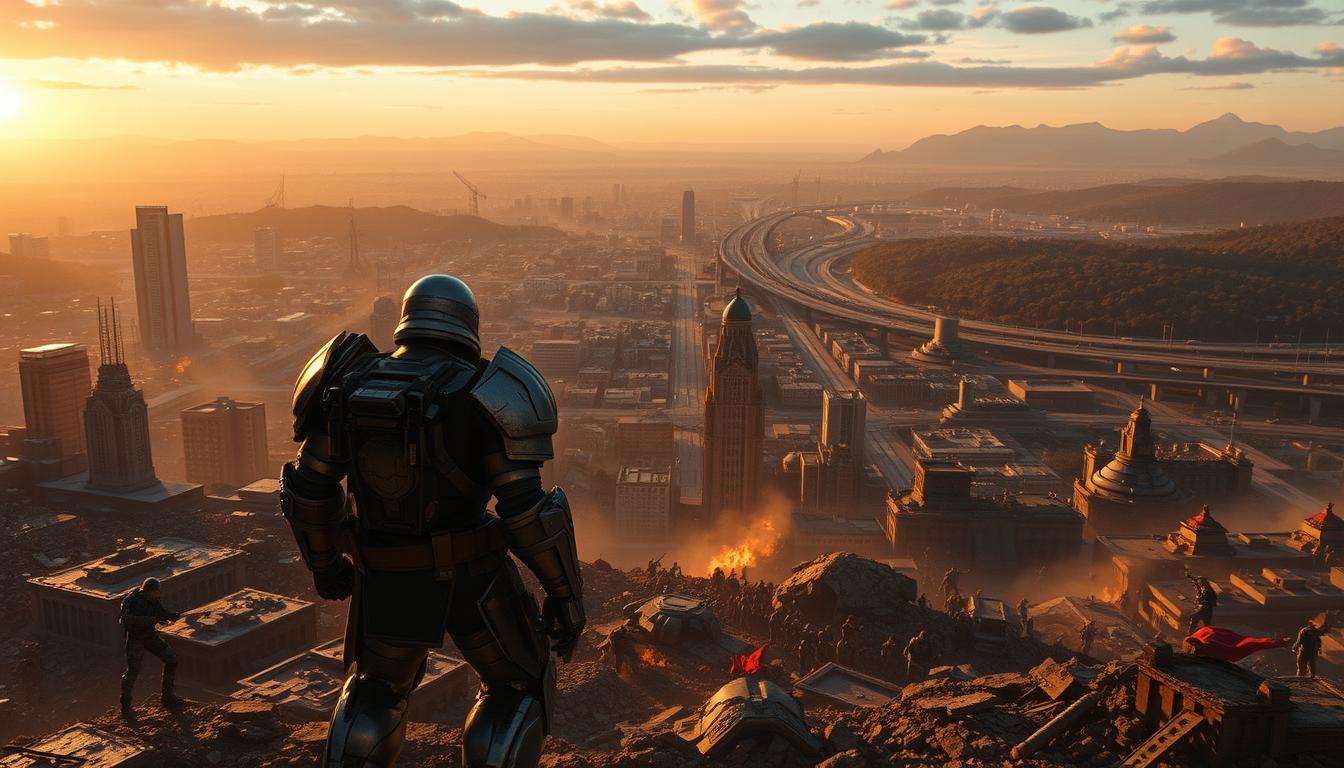 A vast, open-world landscape sprawls before the viewer, bathed in the warm glow of a setting sun. In the foreground, a heavily-armed protagonist stands amidst the ruins of a battle, their powerful suit of armor gleaming. Surrounding them, a chaotic mix of enemy combatants, civilians, and towering structures create a sense of dynamic action and immersion. The middle ground features a dense urban environment, with skyscrapers and highways weaving through the scene. In the distance, mountains and forests stretch out to the horizon, hinting at the expansive possibilities of this open-world environment. The lighting is cinematic, with dramatic shadows and highlights accentuating the details. The camera angle is slightly elevated, giving the viewer a sense of scale and presence within this vibrant, living world.