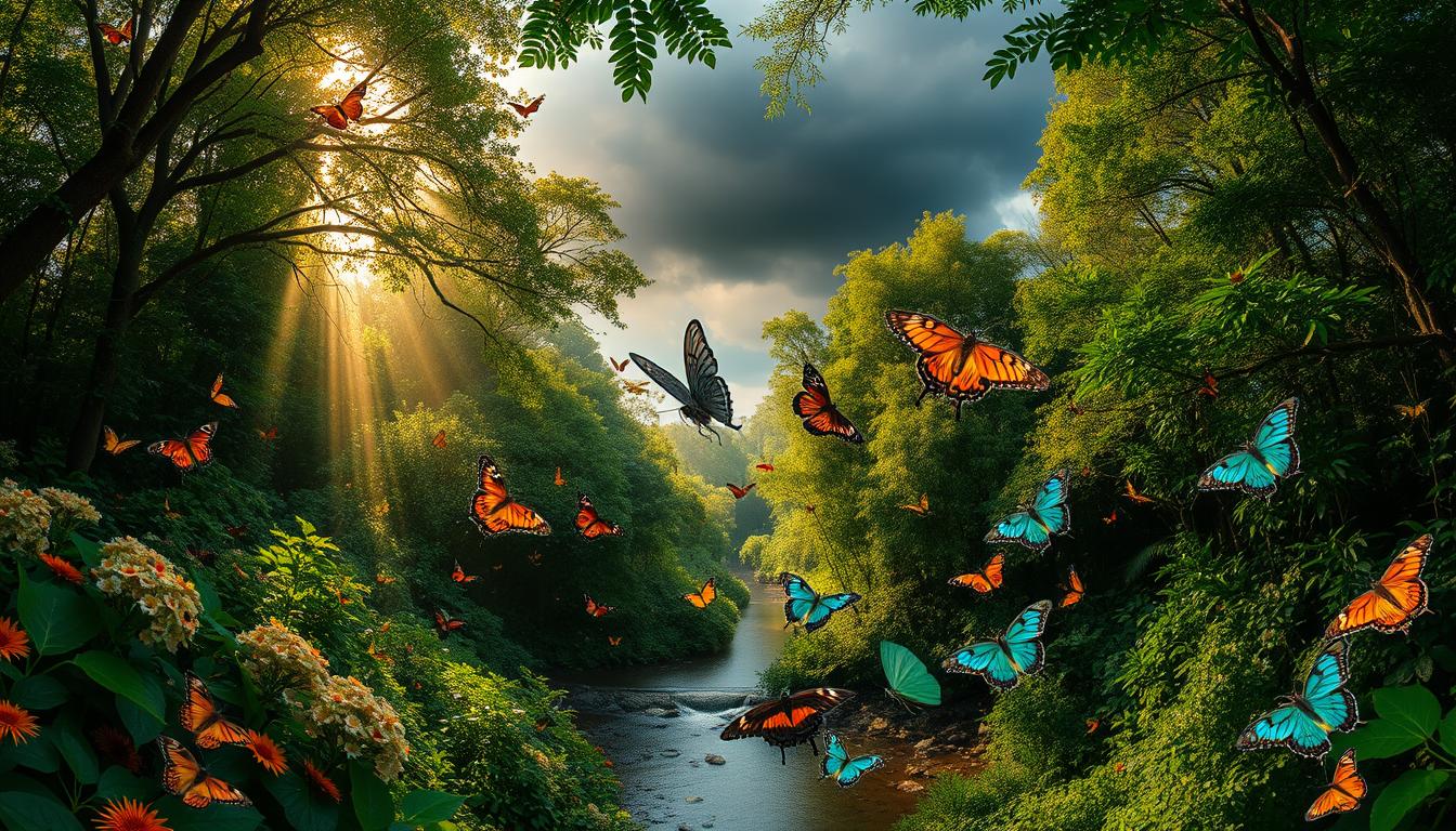 A lush, verdant forest canopy, with rays of golden sunlight filtering through the dense foliage. In the foreground, a stunning array of butterflies and moths in vibrant hues of orange, blue, and emerald green flutter gracefully among the blooming flowers. The middle ground features a serene stream winding through the undergrowth, its calm waters reflecting the delicate Lepidoptera. In the background, dark storm clouds loom, casting an ominous tone and hinting at the threats facing these beautiful creatures. The scene is captured with a wide-angle lens, creating a sense of depth and immersion. The overall mood is one of both wonder and concern, inviting the viewer to appreciate the fragile beauty of the Lepidoptera while recognizing the need for their conservation.