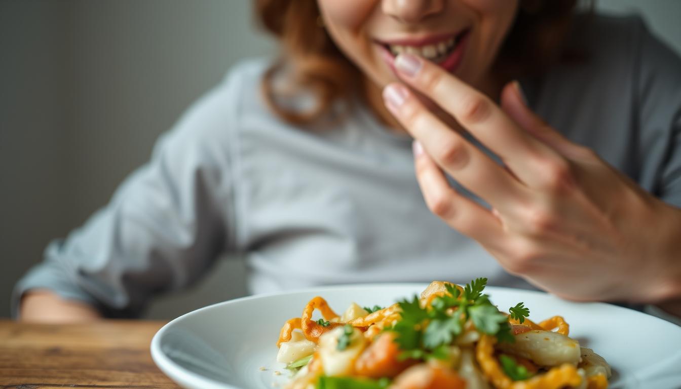 A close-up view of a person's hands and plate, with a meal in front of them. The person is chewing slowly, mindfully savoring each bite. The background is blurred, with a calm, serene atmosphere. Soft, natural lighting illuminates the scene, creating a sense of tranquility. The meal is simple, healthy, and visually appealing, encouraging the viewer to slow down and enjoy their food. The composition emphasizes the act of mindful eating, with the hands and plate occupying the majority of the frame. The overall mood is one of relaxation and conscious consumption.