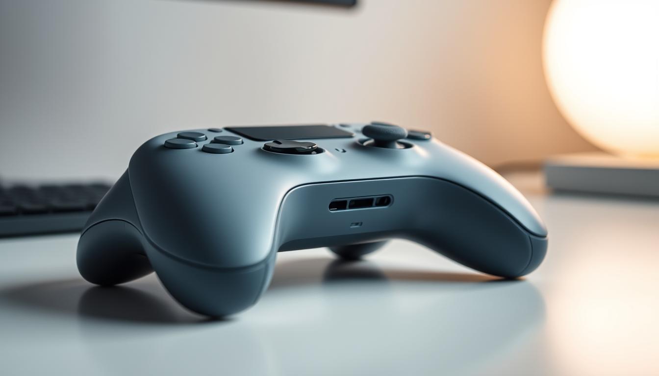 A wireless gaming controller resting on a minimalist desk, its sleek lines and matte finish reflecting the modern aesthetic. The controller is positioned prominently, showcasing its seamless connectivity and cross-device compatibility. Soft, diffused lighting illuminates the scene, creating a sense of harmony and focus. The background is a clean, uncluttered space, allowing the controller to be the central point of attention. The overall atmosphere conveys the versatility and streamlined design of the wireless controller, ready to elevate the competitive gaming experience.