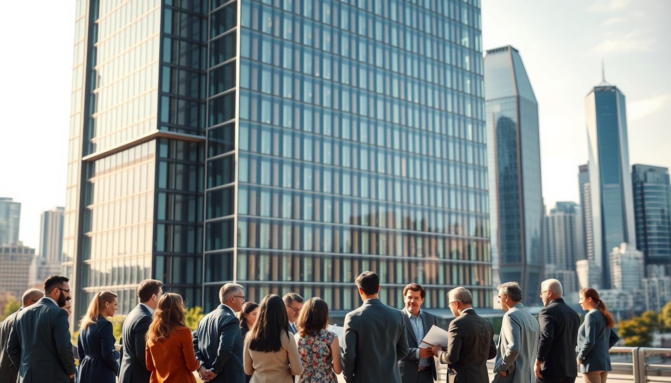 A modern, high-tech office building with a sleek, glass and steel exterior. The building is set against a backdrop of a vibrant, cosmopolitan city skyline. In the foreground, a group of diverse, professional-looking people are gathered, discussing documents and conversing animatedly. The lighting is bright and natural, casting a warm, productive atmosphere. The camera angle is slightly elevated, giving a sense of authority and importance to the scene. The overall impression is one of an influential, global organization dedicated to setting international standards and promoting collaboration.
