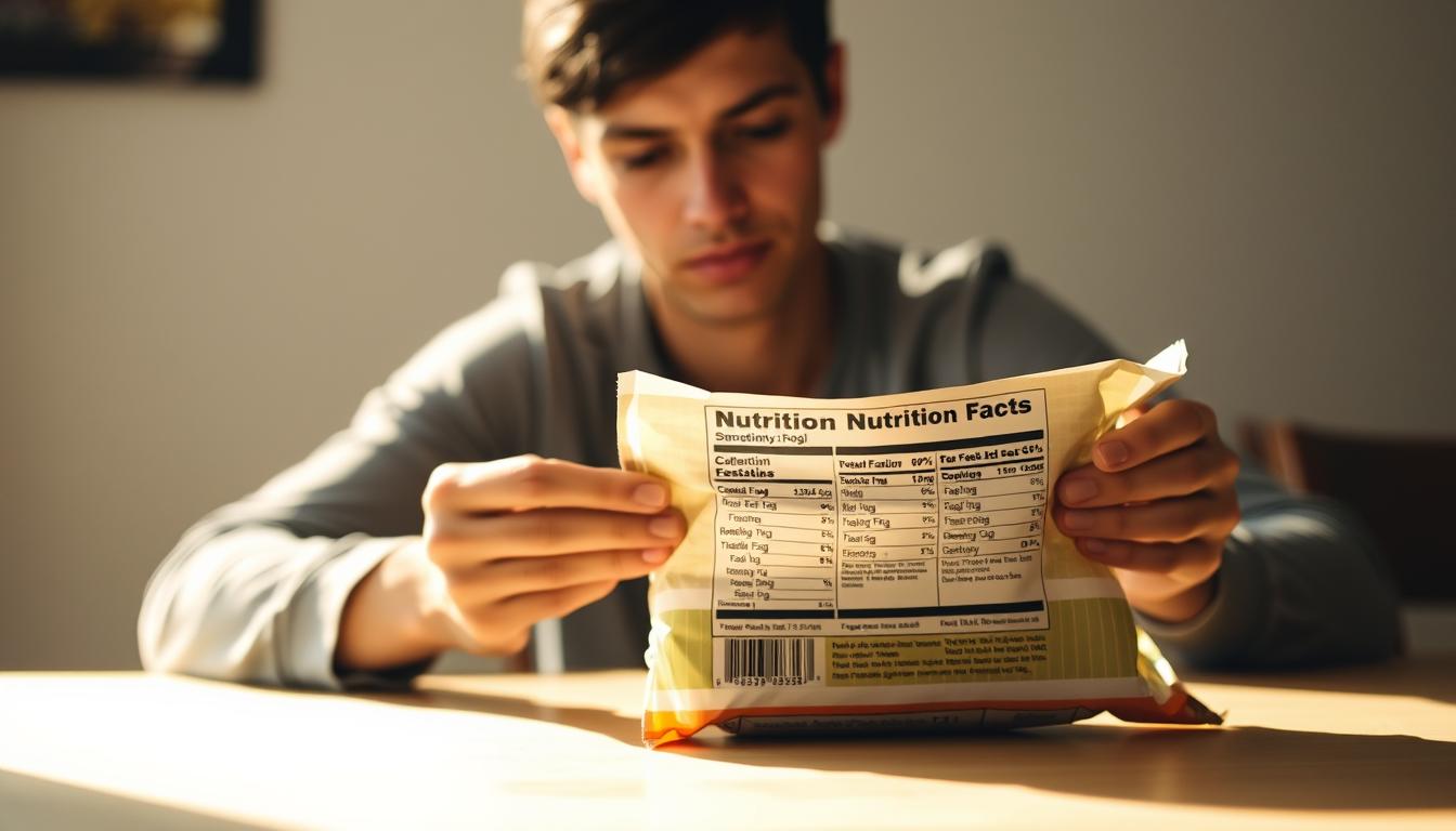 A person sitting at a table, carefully examining the nutrition label on a packaged food item. The lighting is soft and natural, casting a warm glow on the scene. The label is the focal point, its details clearly visible, with the person's face in a pensive, thoughtful expression as they study the information. The background is blurred, keeping the attention on the task at hand. The composition is balanced, with the person and the label occupying the center of the frame. The overall mood is one of attentiveness and mindfulness, reflecting the importance of reading nutrition labels to make informed, healthy choices.