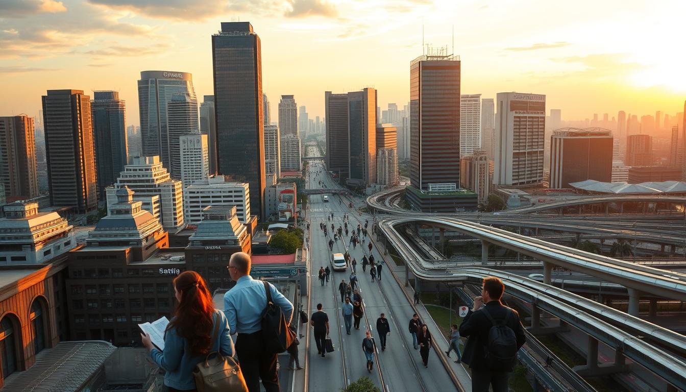 A bustling cityscape, skyscrapers reaching towards the sky, their glass facades reflecting the golden glow of the sunset. In the foreground, a diverse group of professionals, each navigating their own financial career path - analysts poring over spreadsheets, portfolio managers discussing investment strategies, and financial advisors guiding clients. The middle ground is alive with the hum of commerce, as the streets teem with commuters, their briefcases and laptops a testament to the dynamic financial industry. In the background, a network of transportation links - highways, trains, and metro stations - facilitating the flow of capital and connecting this urban hub to the broader financial landscape of Indonesia. The overall atmosphere is one of energy, opportunity, and the relentless pursuit of financial success.