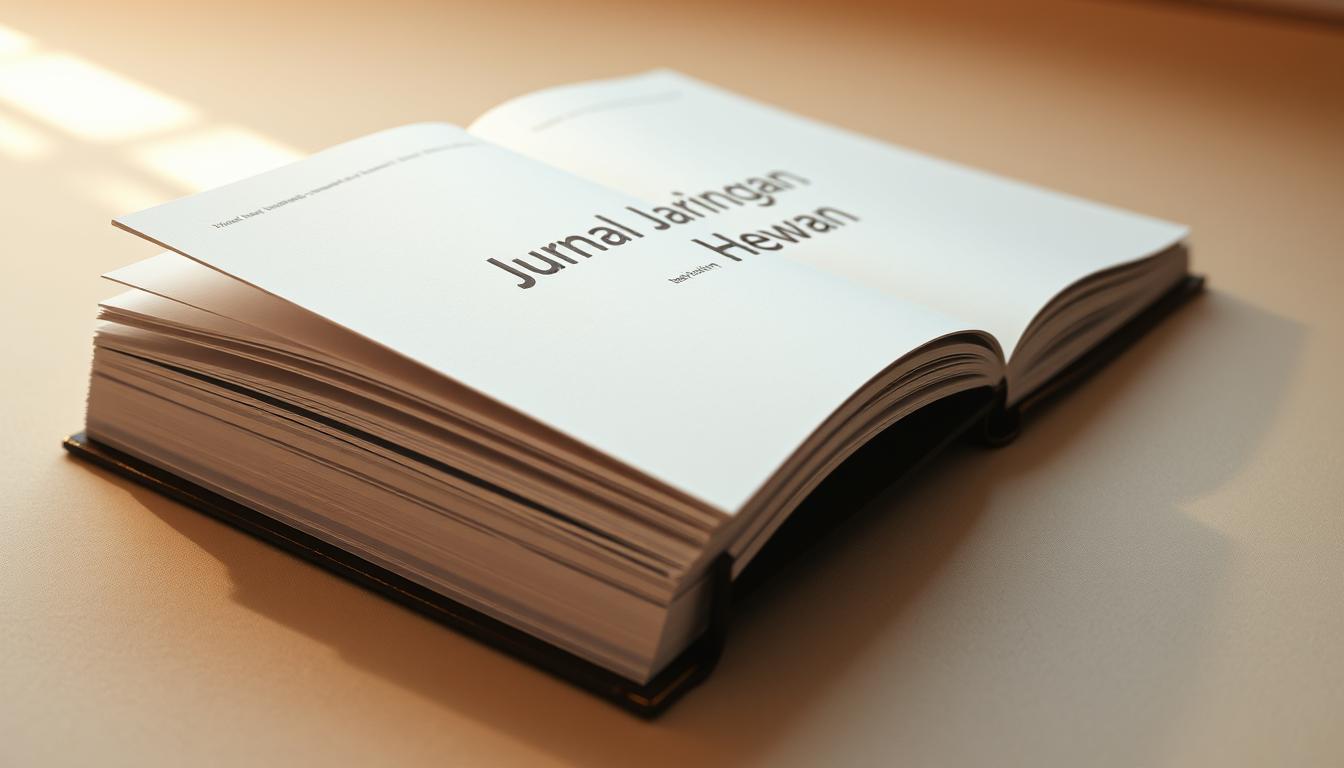A close-up view of an open academic journal with the title &quot;Jurnal Jaringan Hewan&quot; prominently displayed on the cover, the pages crisp and inviting. The journal's spine is visible, showcasing its professional binding. The image is bathed in warm, diffused lighting, creating a scholarly and authoritative atmosphere. The journal is positioned on a clean, neutral-colored surface, allowing it to take center stage. The overall composition conveys a sense of accessibility and the journal's value as a comprehensive reference for animal biology.