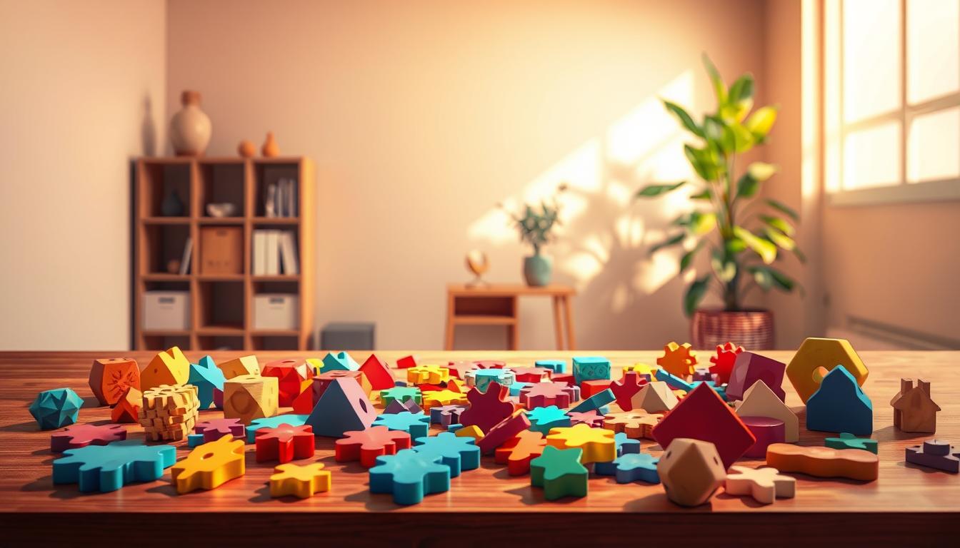 A visually captivating illustration of "permainan teka-teki" (brain teasers) against a warm, inviting backdrop. In the foreground, an assortment of colorful, tactile puzzle pieces in various geometric shapes and patterns are arranged on a wooden table, illuminated by soft, natural lighting. The middle ground features a serene, minimalist setting, with neutral-toned walls and a simple, clean-lined bookshelf, conveying a sense of focus and mental clarity. In the background, a lush, verdant houseplant adds a touch of tranquility, hinting at the restorative benefits of engaging in brain-stimulating activities. The overall scene exudes a mood of quiet contemplation, encouraging the viewer to immerse themselves in the captivating world of brain teasers and cognitive exercises.