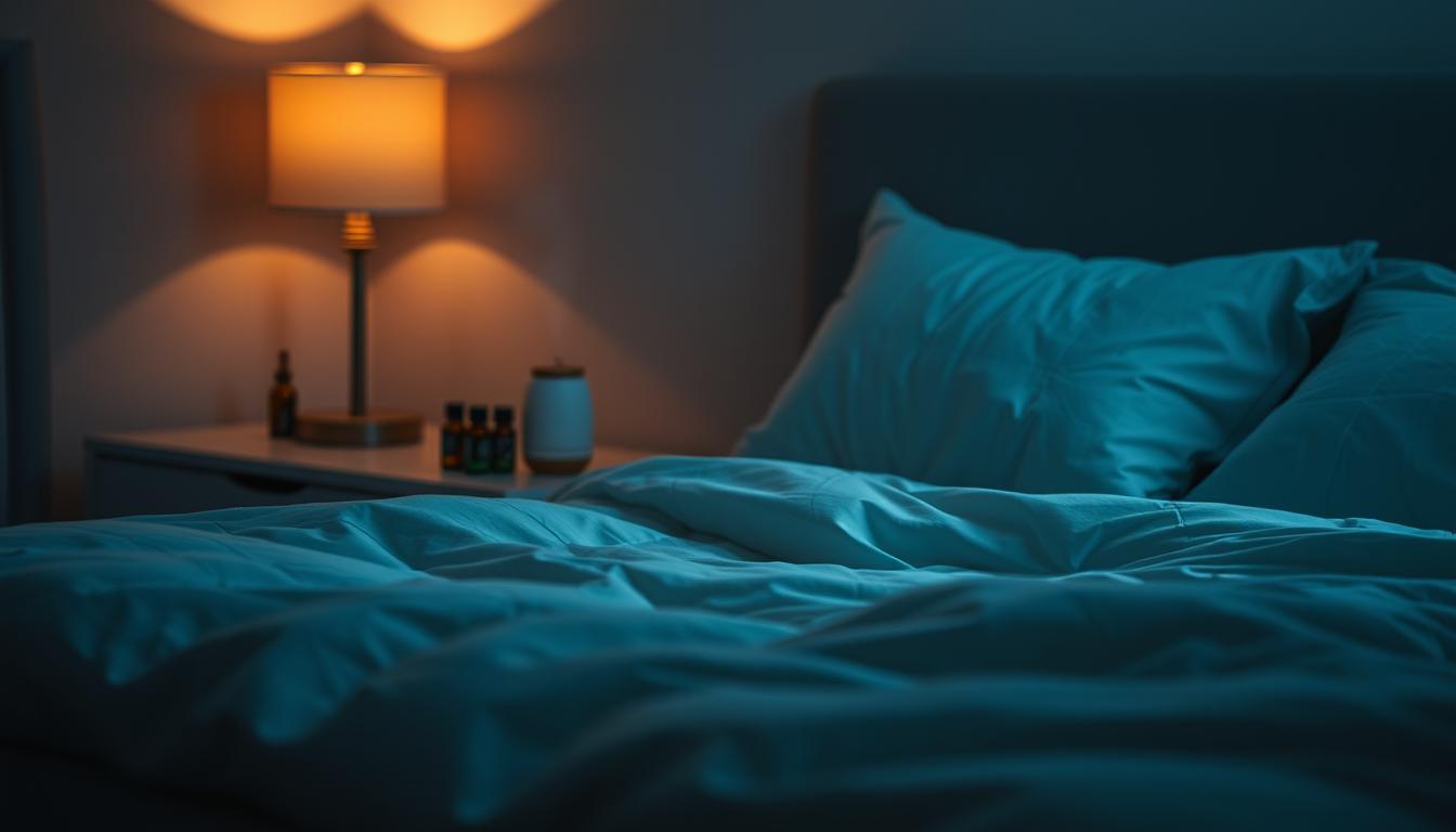 A serene, dimly lit bedroom with soft, warm lighting from a nightstand lamp. On the bedside table, an array of essential oil bottles and a diffuser, emitting delicate, soothing aromas that create a calming, sleep-inducing atmosphere. In the foreground, a cozy, plush comforter and pillows, inviting the viewer to sink into a restful slumber. The background features a minimalist, neutral-toned decor, allowing the aromatherapy elements to take center stage. The overall scene conveys a sense of tranquility, relaxation, and natural remedies for a good night's sleep.